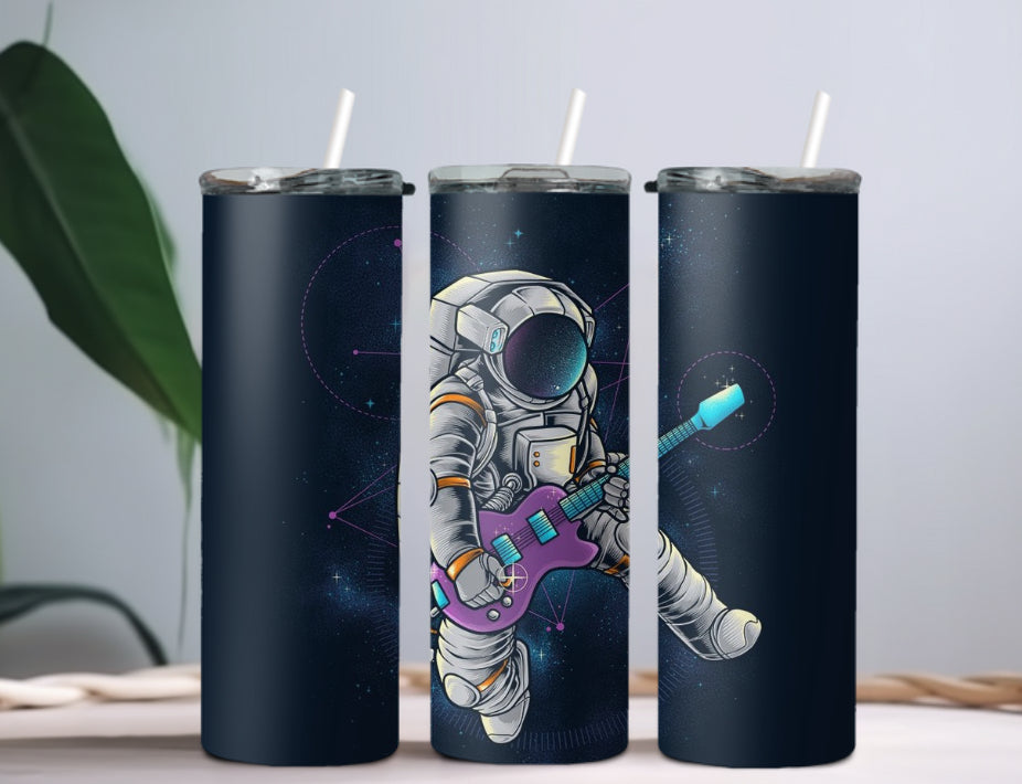 Spaceman playing guitar tumbler